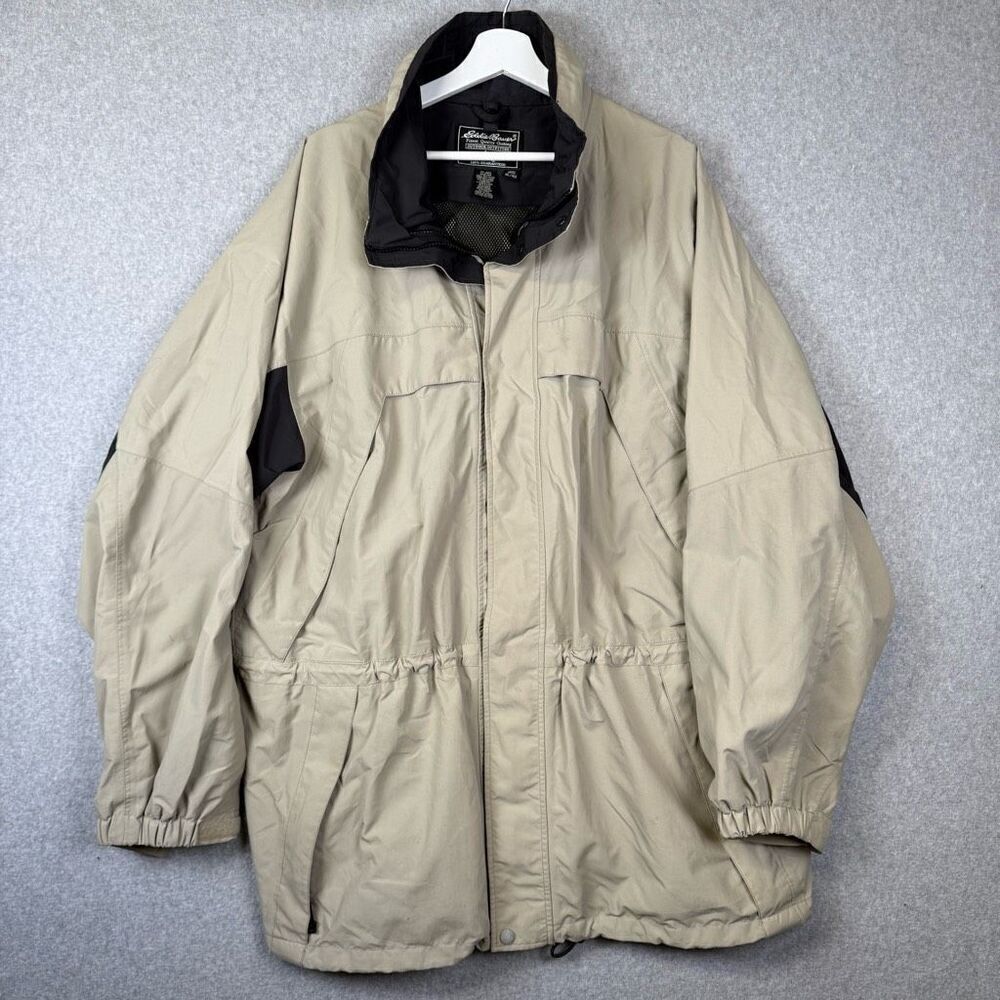 Eddie Bauer Mens Size XL Weatheredge Hooded Rain Jacket Tan Khaki Lined Pockets